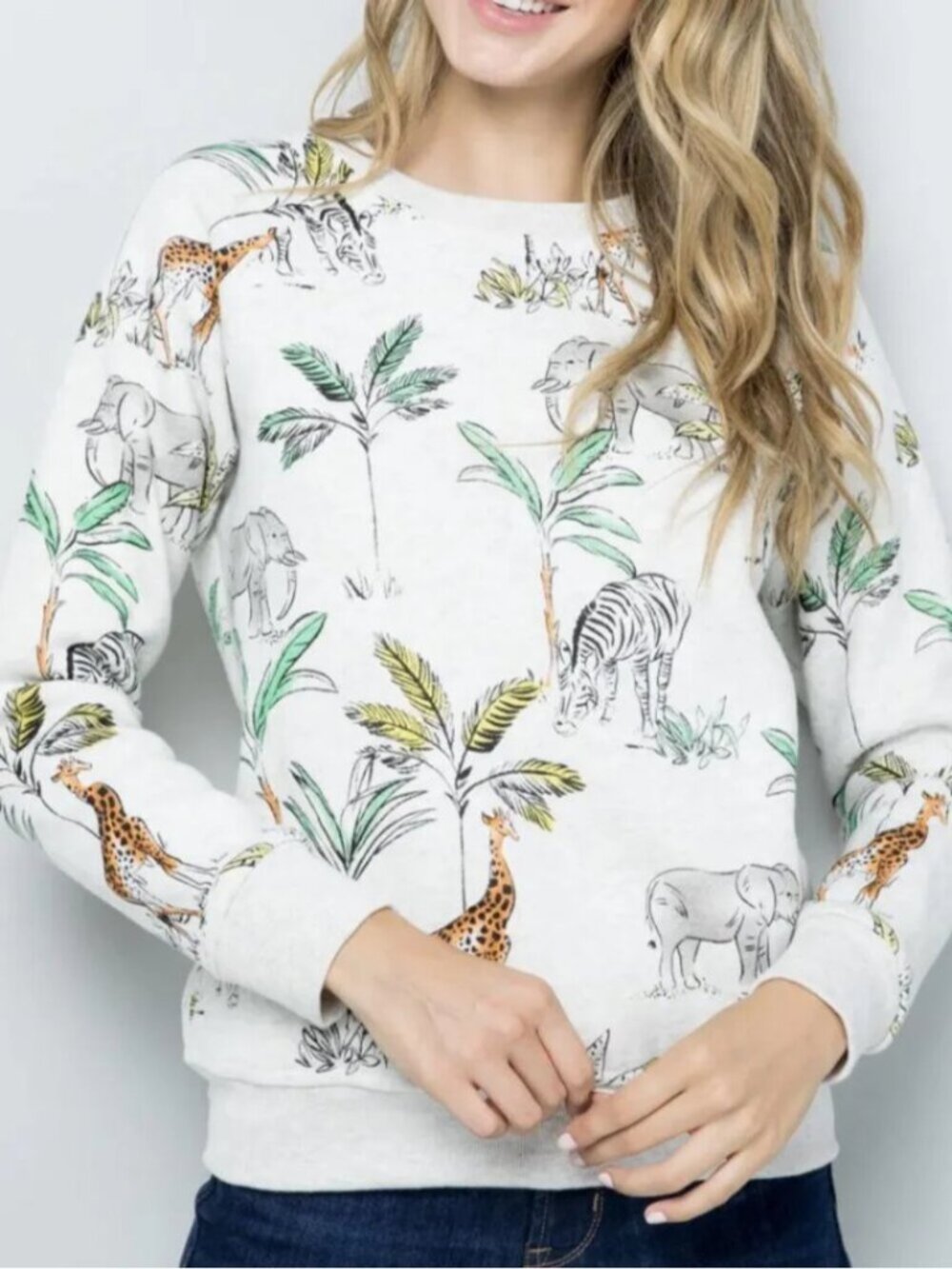 LA Soul White Tropical Safari Print Cotton Blend Crewneck Sweatshirt